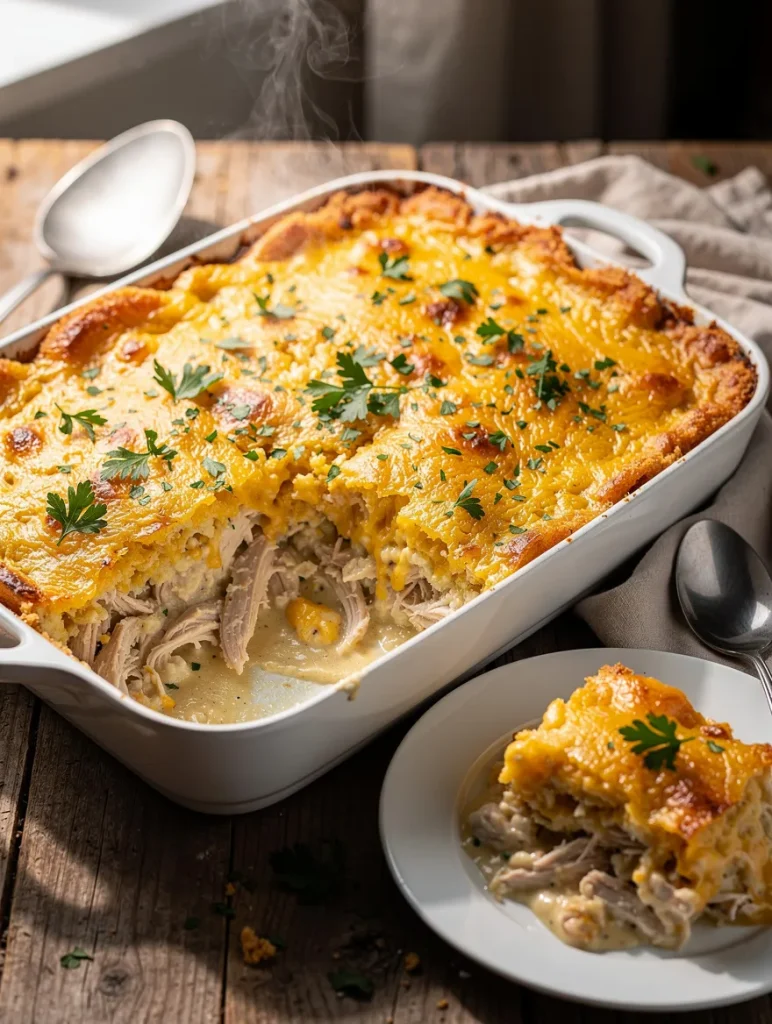 Million dollar chicken casserole served with a cheesy topping and creamy chicken portion