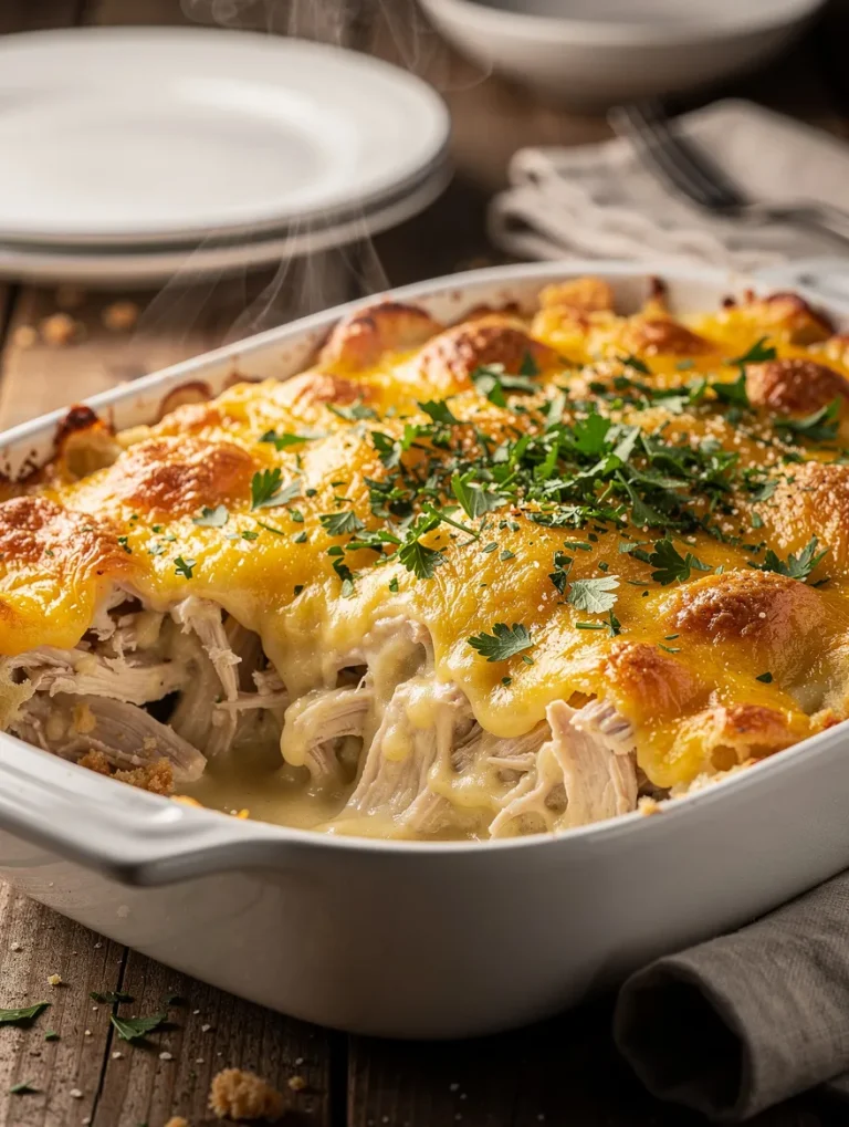 Creamy million dollar chicken casserole with melted cheese and shredded chicken