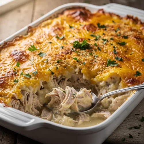 Creamy million dollar chicken casserole with golden cheese topping and spoonful serving