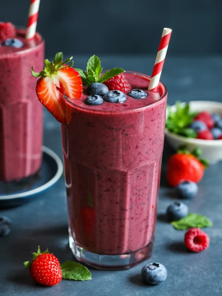 Mixed berry smoothie with strawberries, blueberries, and raspberries in a glass