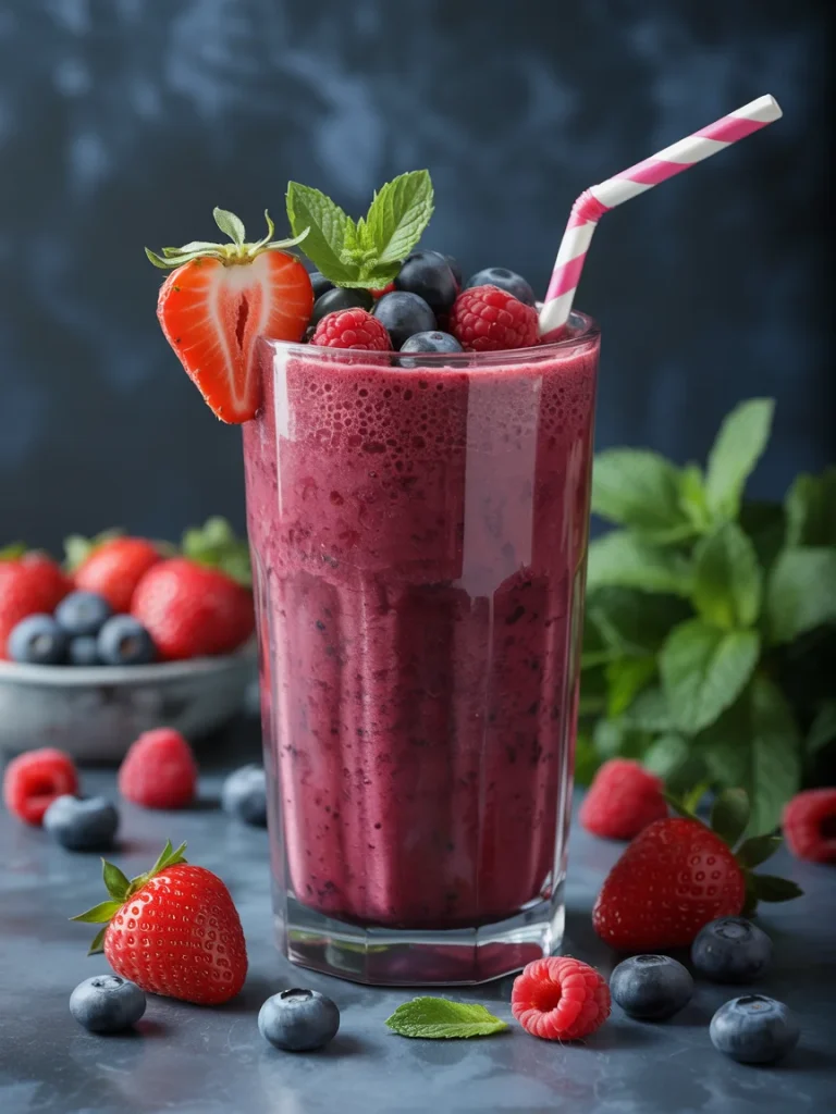 Mixed berry smoothie with strawberries, blueberries, raspberries, and mint