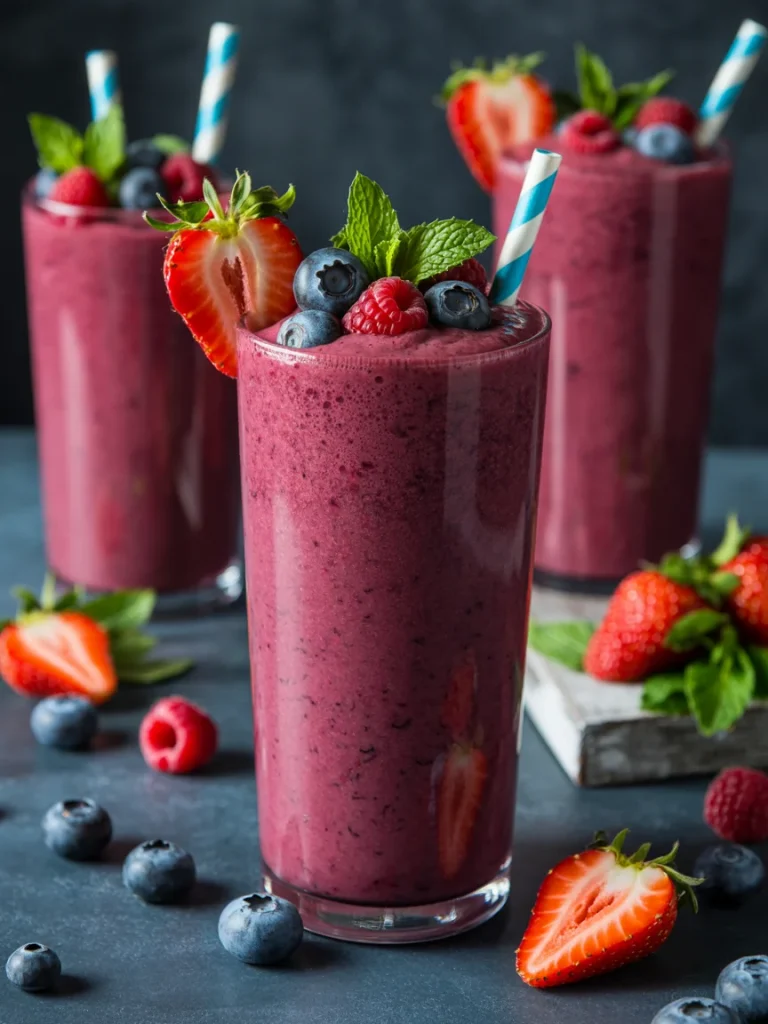 Mixed berry smoothie with strawberries, blueberries, and raspberries