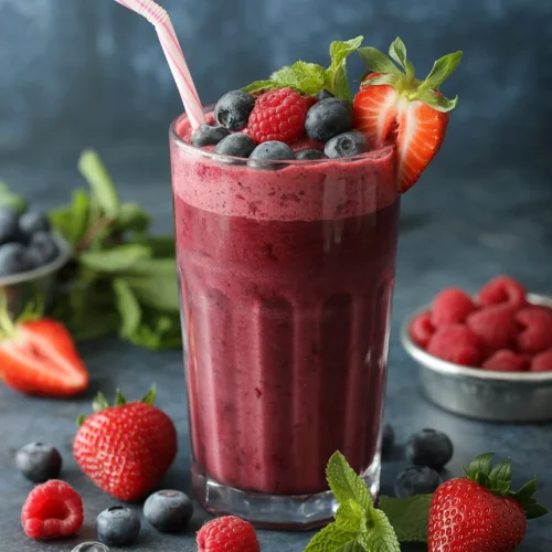 Mixed berry smoothie with strawberries, blueberries, raspberries, and mint garnish