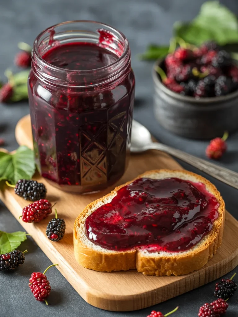 Homemade mulberry jam in jar with jam spread on toast