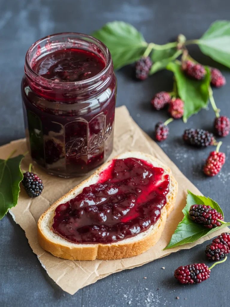 Mulberry jam on toast with jar of homemade jam and fresh mulberries