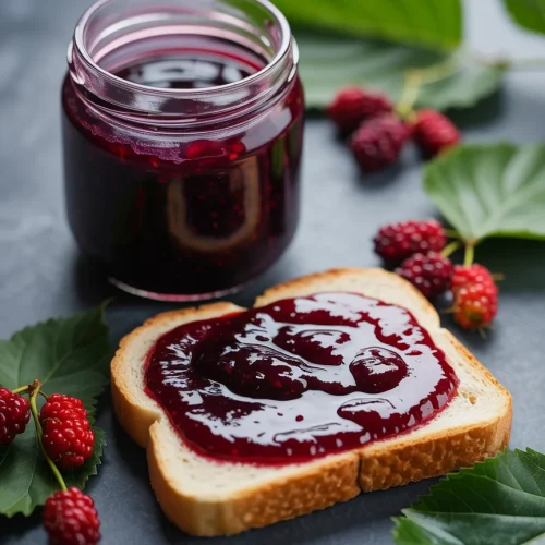 Mulberry jam on bread with jar and fresh mulberries