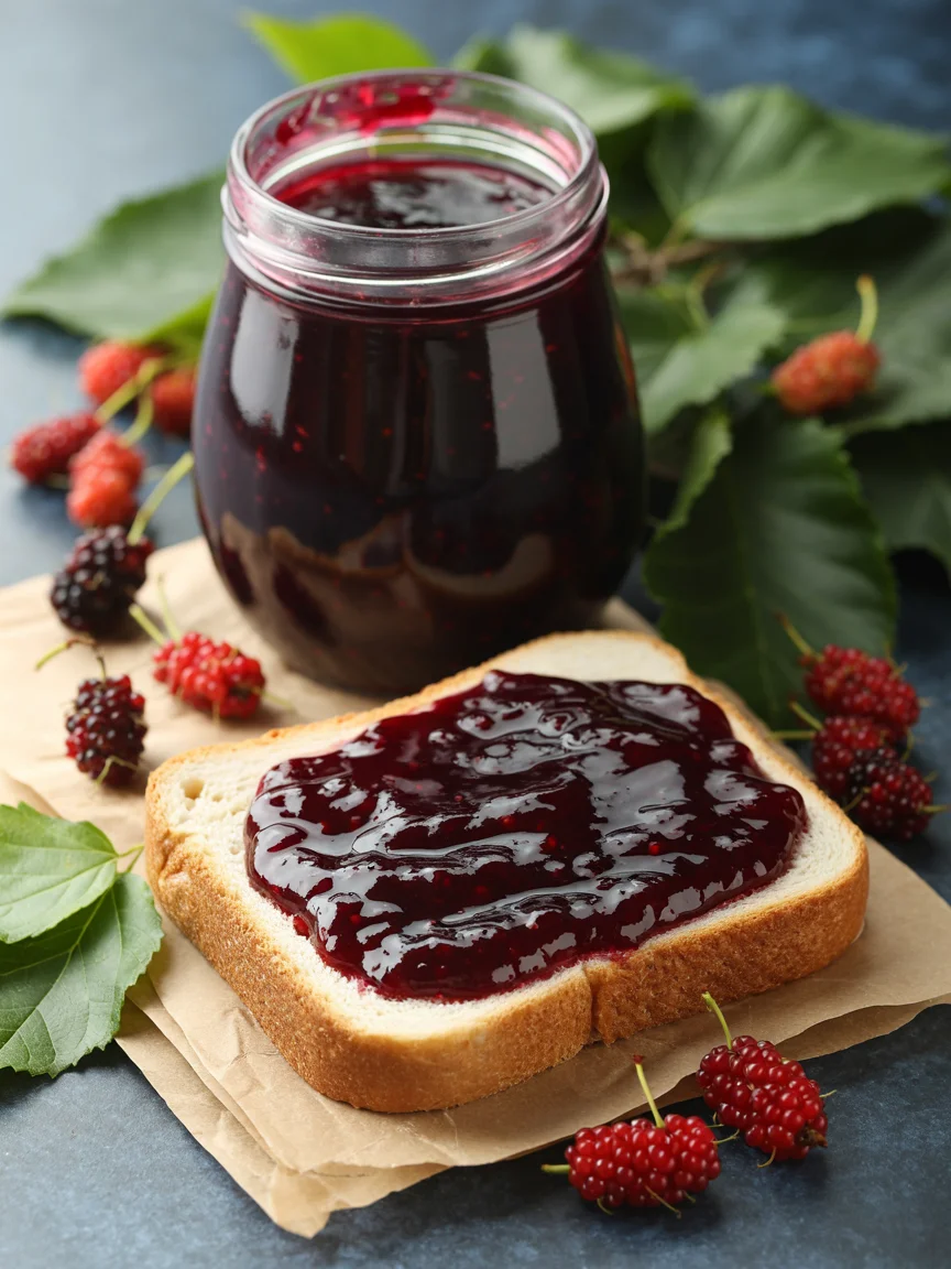 Mulberry jam spread on toast with jar of homemade jam