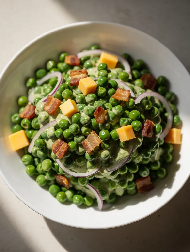 Pea salad with bacon, cheddar cubes, and red onion in creamy dressing