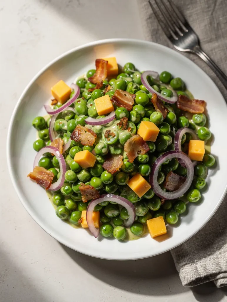 Creamy pea salad with bacon, cheddar cubes, and red onion in a white bowl