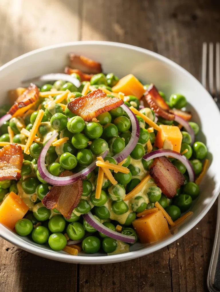 Creamy pea salad with bacon, cheddar cheese, and red onion