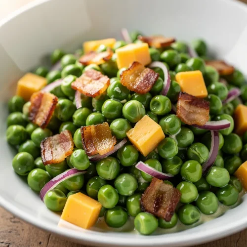 Pea salad with bacon, cheddar cubes, and red onion in creamy dressing