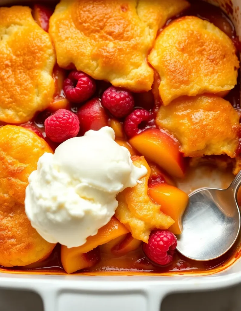 Peach and raspberry cobbler with golden biscuit topping and a scoop of vanilla ice cream.