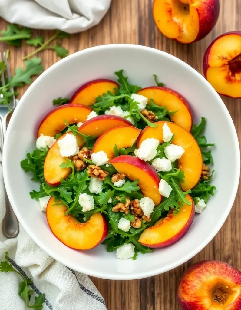 Peach arugula salad with sliced peaches, feta cheese, walnuts, and fresh greens in a bowl.