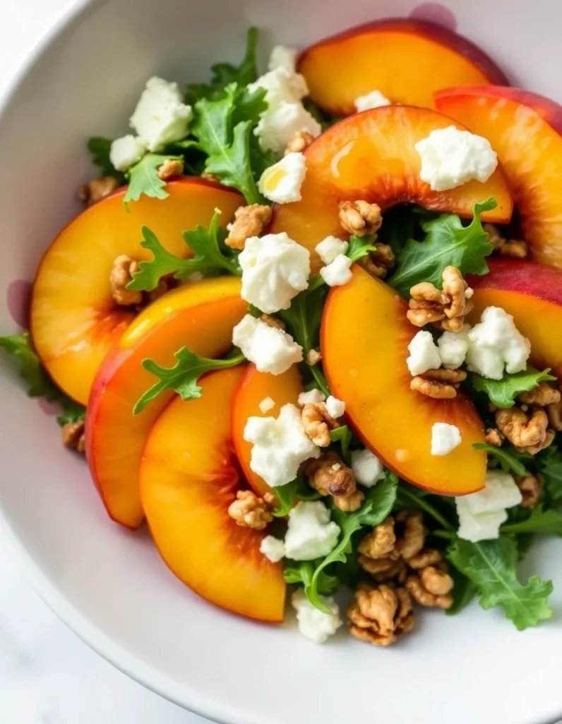 Close-up of peach arugula salad with sliced peaches, feta cheese, and walnuts.