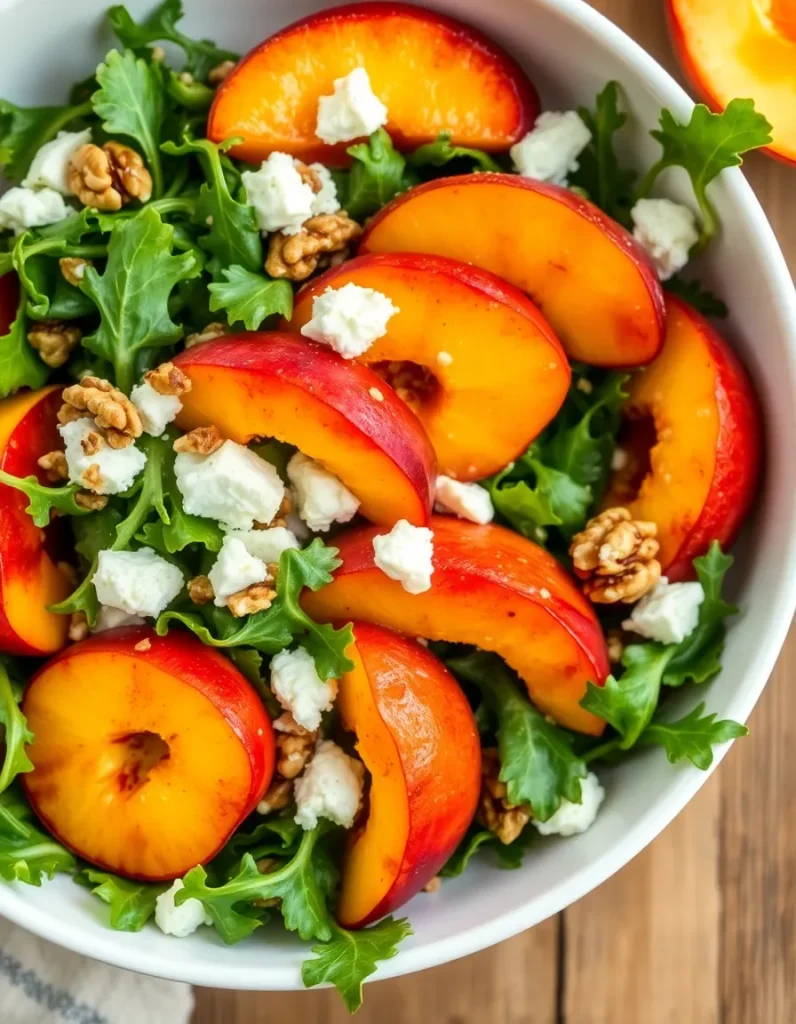 Peach arugula salad with fresh peach slices, crumbled cheese, walnuts, and leafy greens.