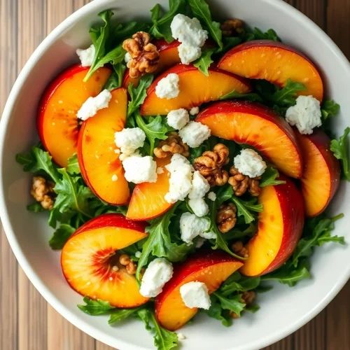 Peach arugula salad with sliced peaches, feta cheese, walnuts, and fresh greens in a white bowl.
