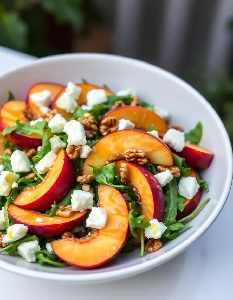 Peach arugula salad with fresh peach slices, feta cheese, walnuts, and greens.