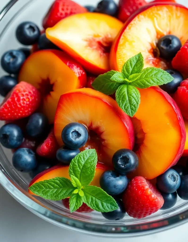 Close-up of peach berry fruit salad with blueberries, strawberries, and fresh mint in a glass bowl.