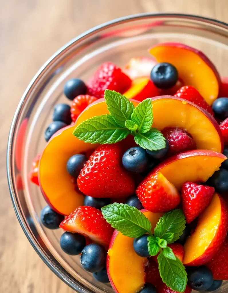 Peach berry fruit salad with strawberries, blueberries, and mint leaves in a glass bowl on a wooden surface.