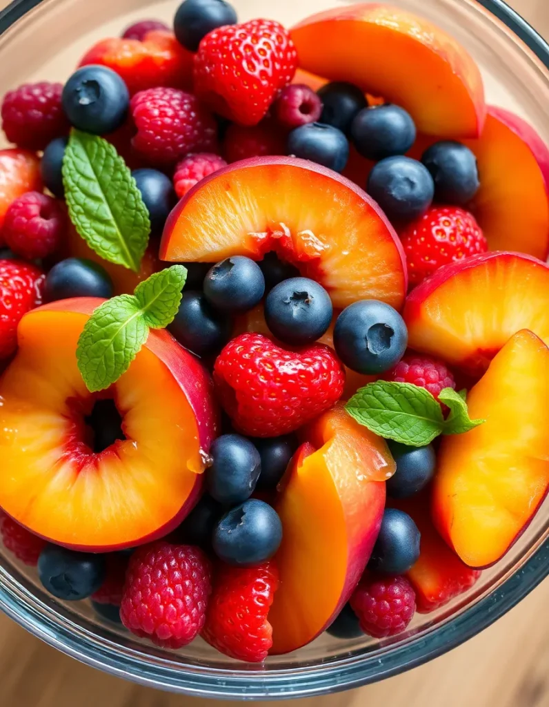 Peach berry fruit salad with blueberries, strawberries, raspberries, and fresh mint.