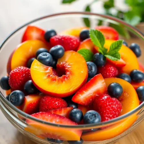 Peach berry fruit salad with strawberries, blueberries, and mint in a glass bowl.