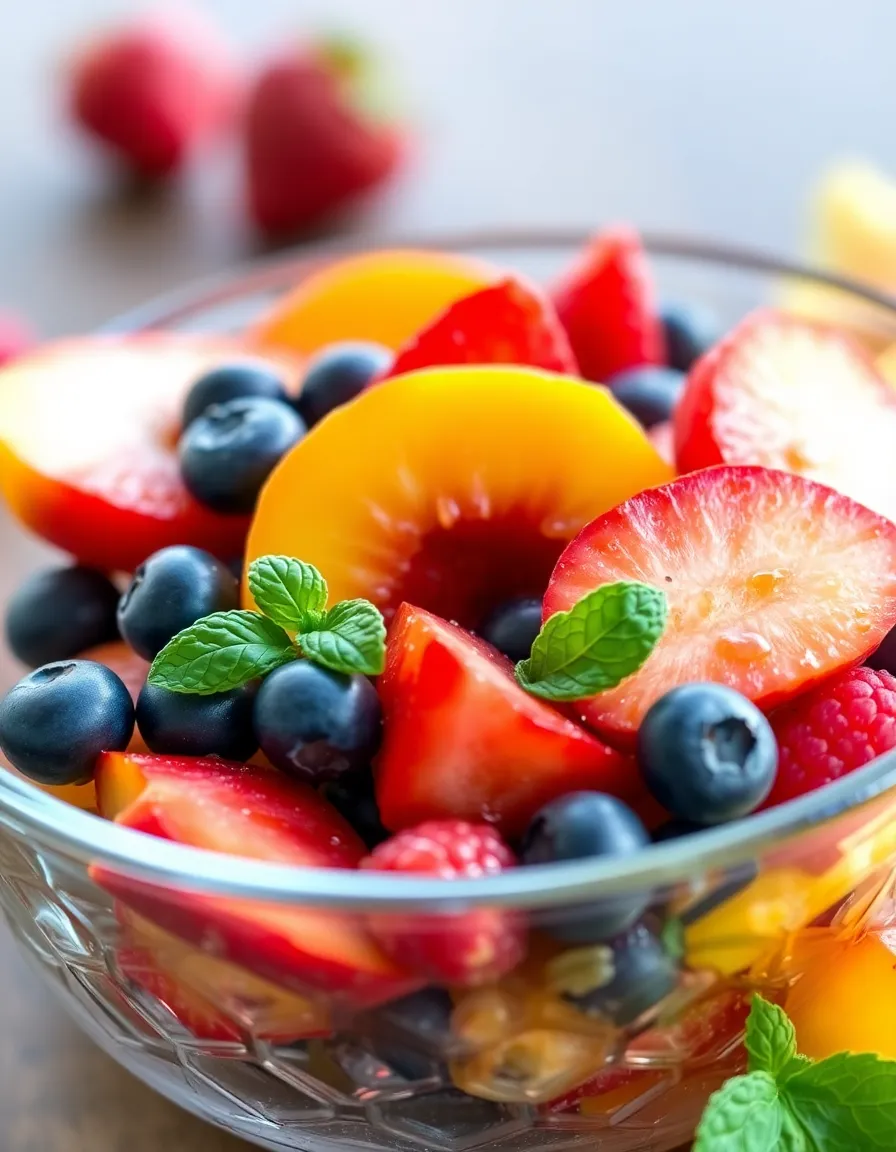 Peach berry fruit salad with strawberries, blueberries, raspberries, and mint in a glass bowl.