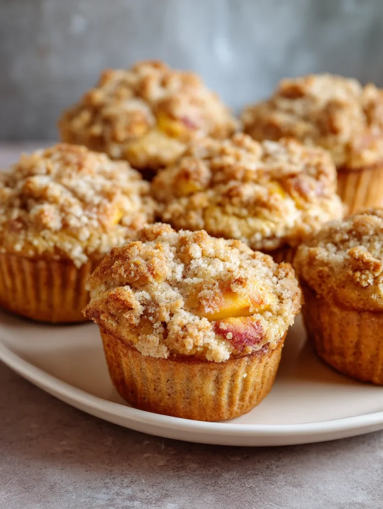 Peach crumble muffins with streusel topping and visible fresh peach pieces.