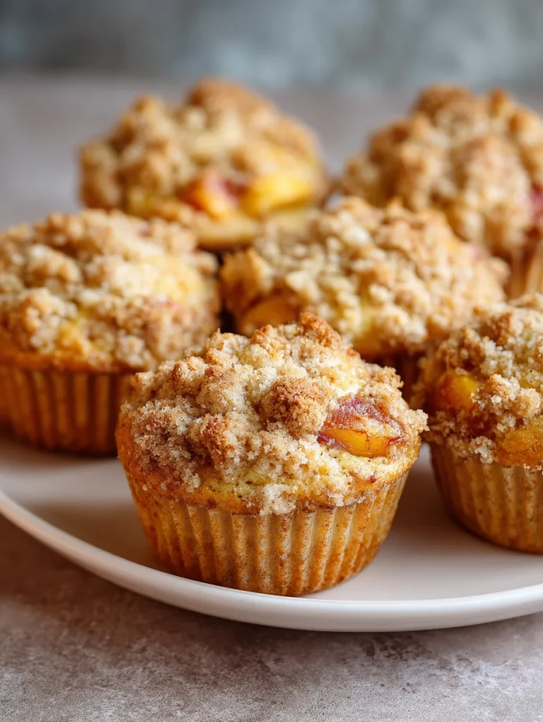 Peach crumble muffins on a plate with streusel topping and visible peach chunks.