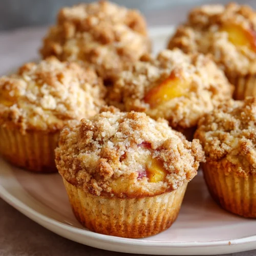 Several peach crumble muffins are arranged on a white plate, each topped with a generous layer of golden, crumbly streusel. The muffins have a soft, fluffy texture with juicy peach pieces peeking through the top, adding a pop of color and freshness. The warm tones and rustic presentation make them look perfect for a comforting homemade breakfast or afternoon treat.