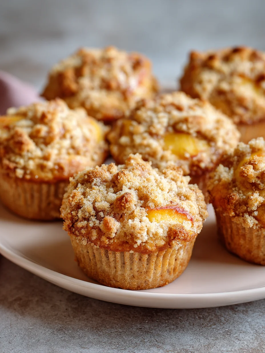 Peach crumble muffins with golden streusel topping on a plate.