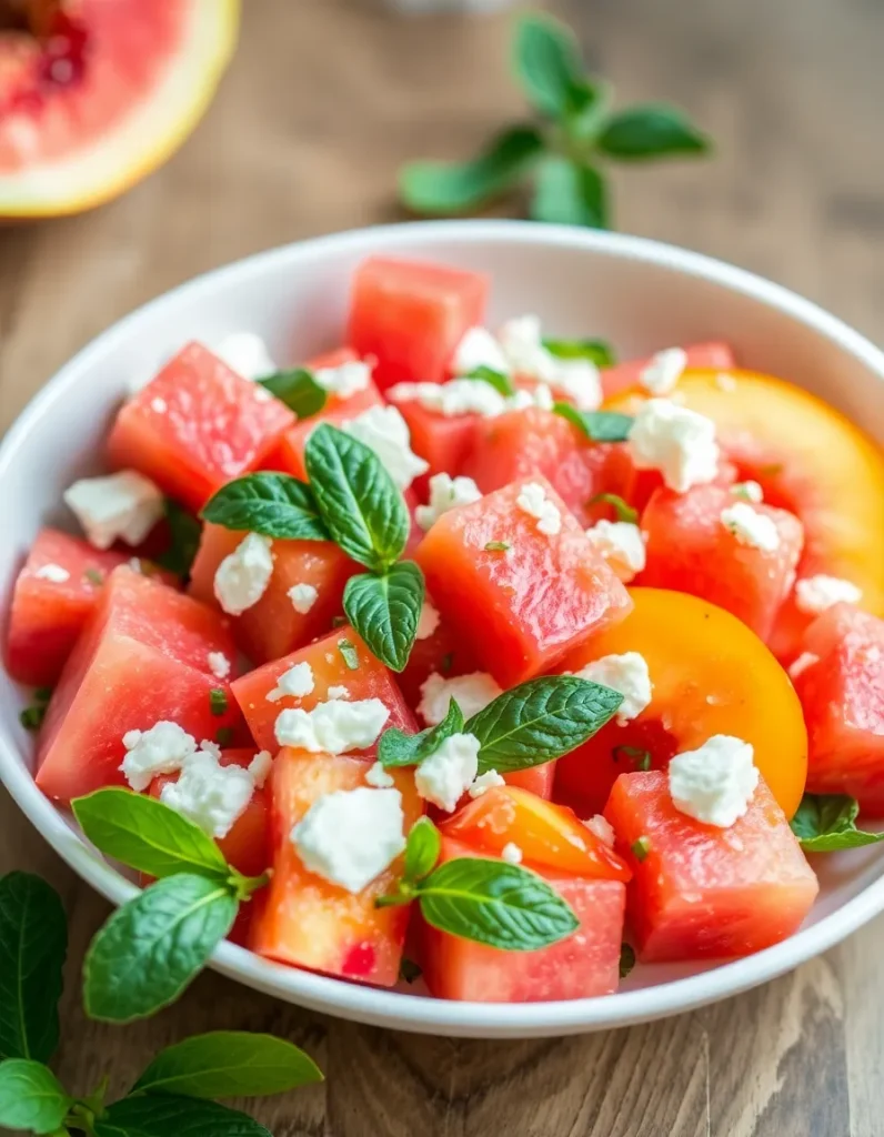 Peach watermelon salad with feta cheese and fresh mint in a bowl