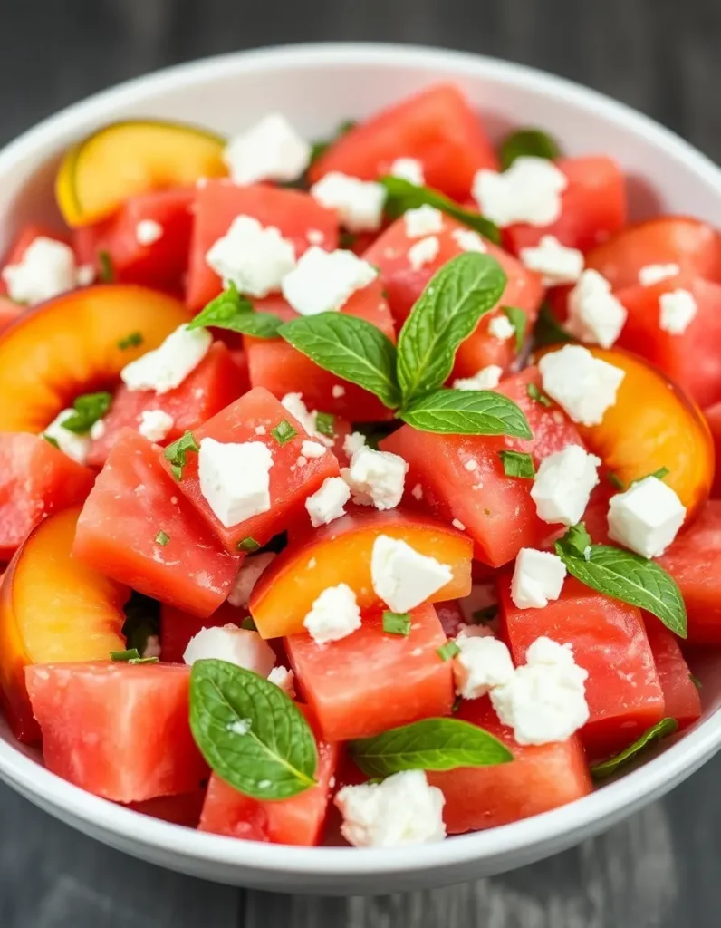 Peach watermelon salad with feta cheese and fresh mint in a bowl