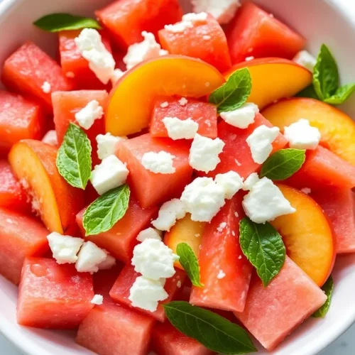Peach watermelon salad with feta and mint in a white bowl