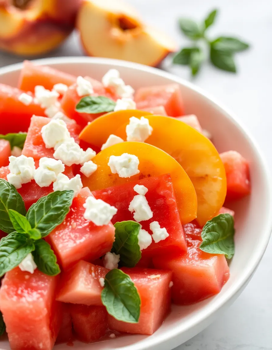 Peach watermelon salad with feta cheese and fresh mint in a white bowl