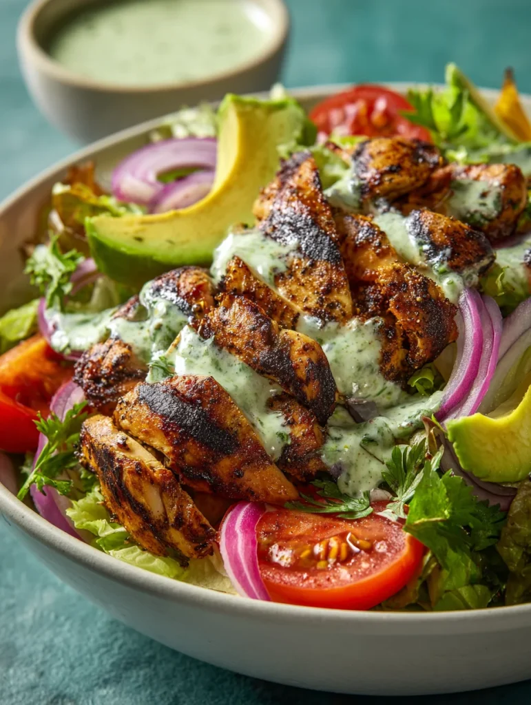 Grilled Peruvian chicken salad with avocado, tomatoes, red onion, and creamy green dressing