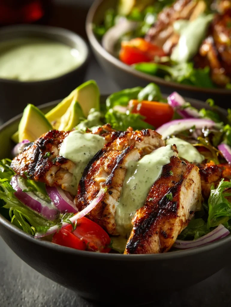 Peruvian grilled chicken salad with avocado, tomatoes, red onion, and creamy green sauce