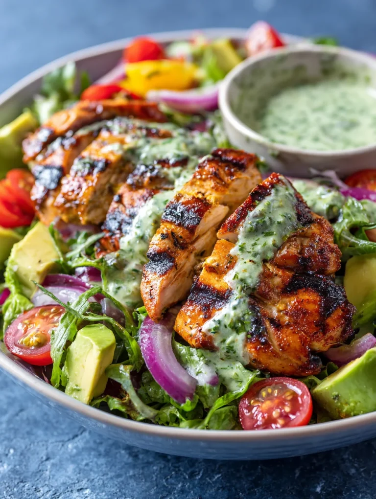 Peruvian grilled chicken salad with avocado, cherry tomatoes, red onion, and creamy green sauce