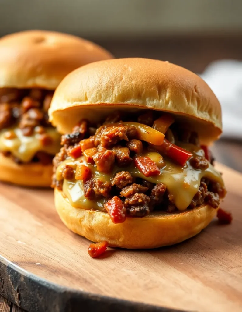 Philly cheesesteak sloppy joe sandwich with ground beef, melted cheese, peppers, and onions on a soft bun.