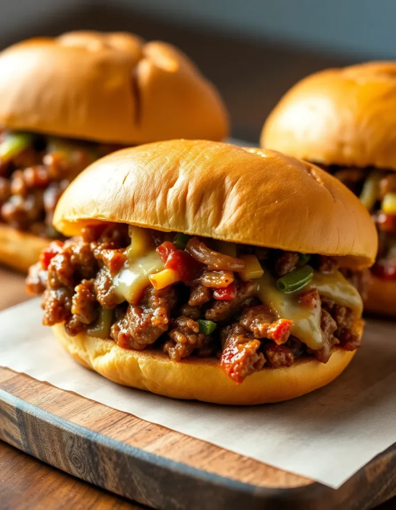 Philly cheesesteak sloppy joe sandwich with ground beef, melted cheese, and diced peppers on a soft bun.