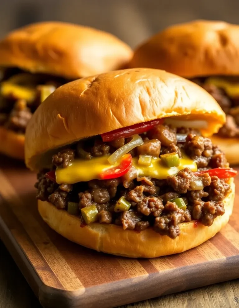 Philly cheesesteak sloppy joes with ground beef, melted cheese, peppers, and onions on a bun.