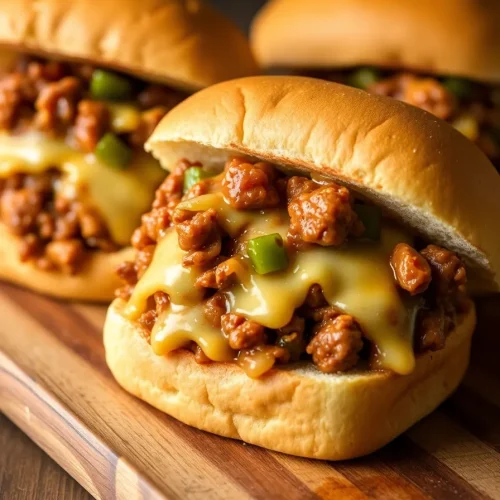 Philly cheesesteak sloppy joes with melted cheese, ground beef, and green peppers on soft buns.