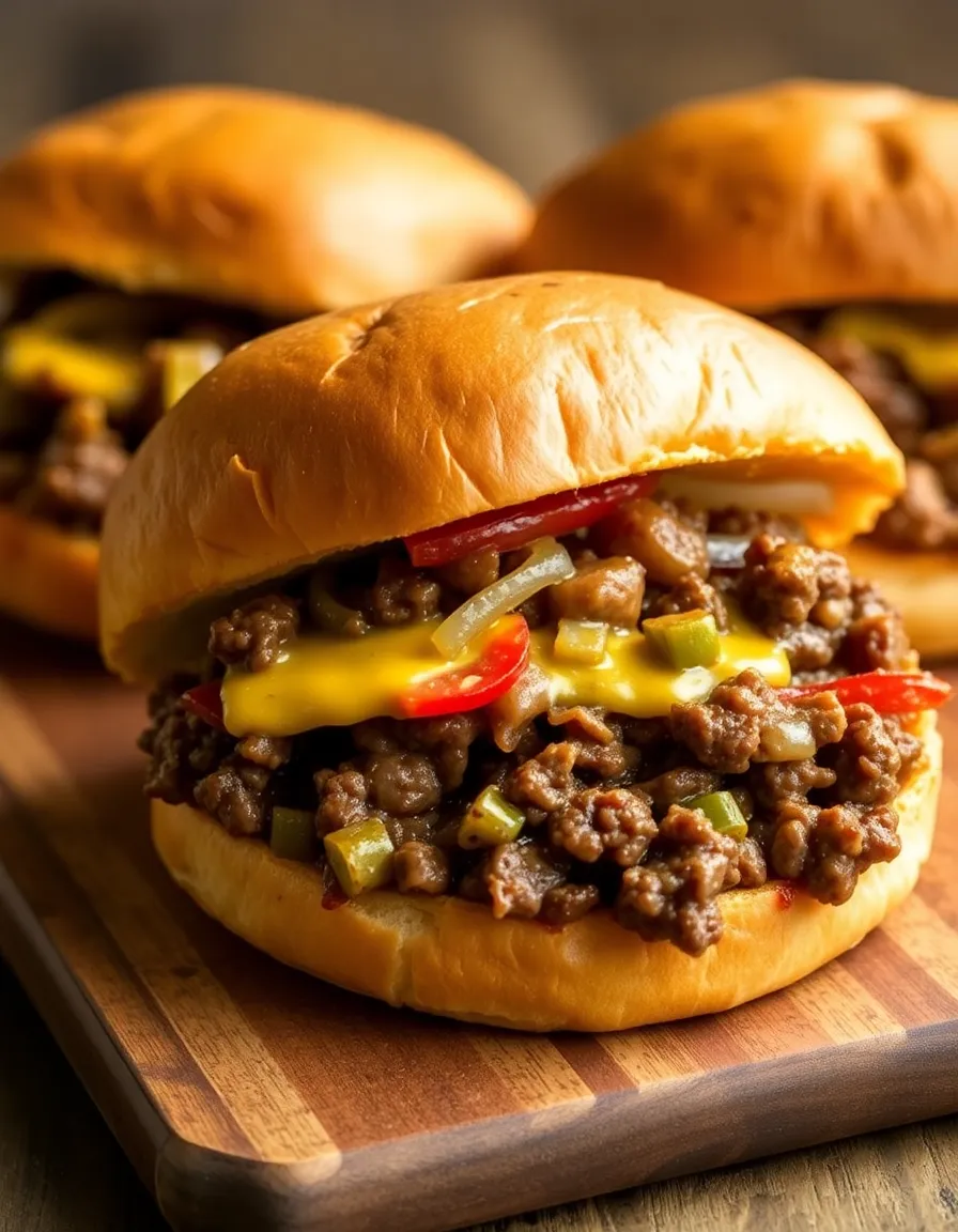 Philly cheesesteak sloppy joes with ground beef, melted cheese, peppers, and onions on a bun.