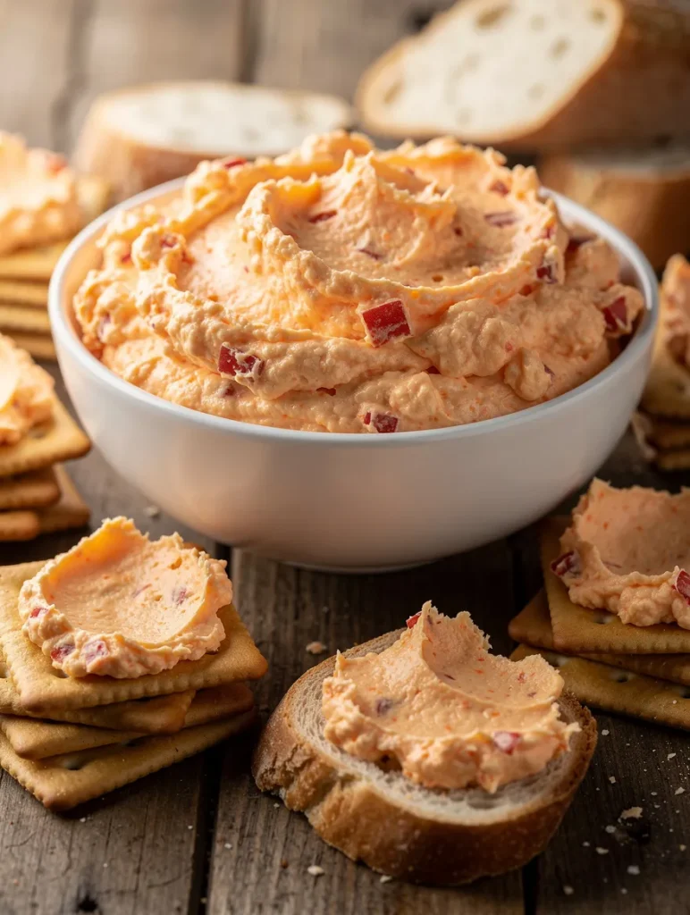 Homemade pimento cheese spread with cheddar and diced peppers served with crackers and bread