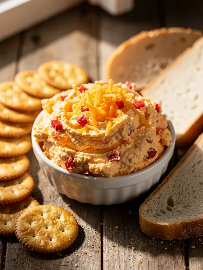 Pimento cheese spread topped with shredded cheddar and diced peppers served with crackers and sliced bread