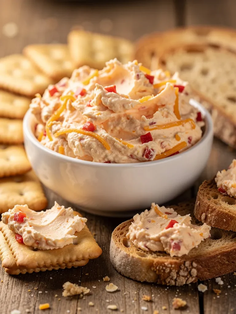 Creamy pimento cheese spread with cheddar and red peppers served with crackers and bread