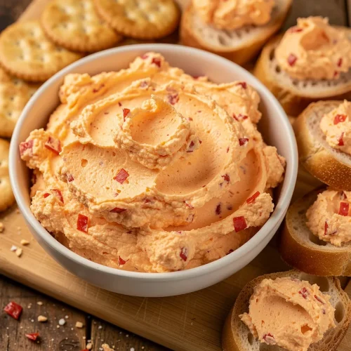 Creamy pimento cheese spread with diced peppers served with crackers and toasted bread slices