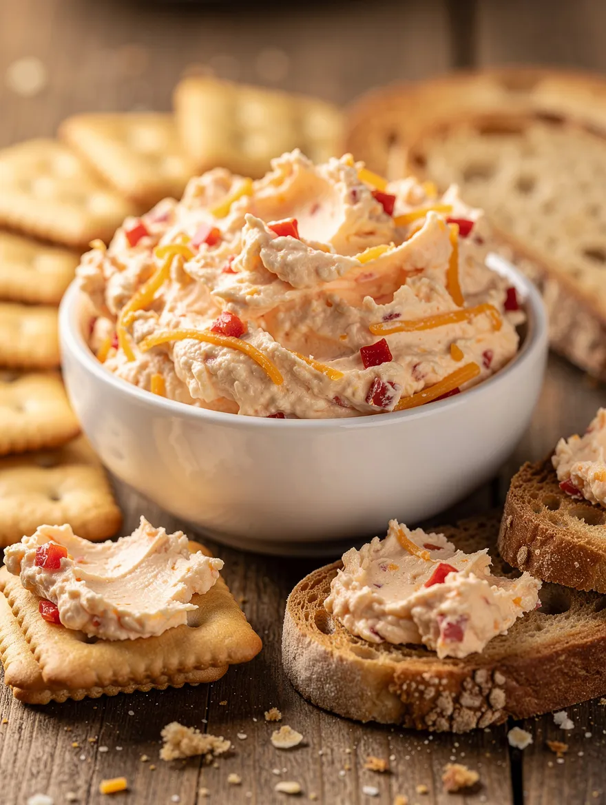 Creamy pimento cheese spread with cheddar and red peppers served with crackers and bread