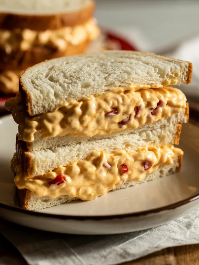 Pimento cheese sandwich on white bread with creamy cheddar spread and red peppers