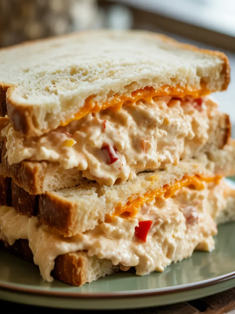 Pimento cheese sandwich with creamy cheddar filling and diced red peppers on white bread