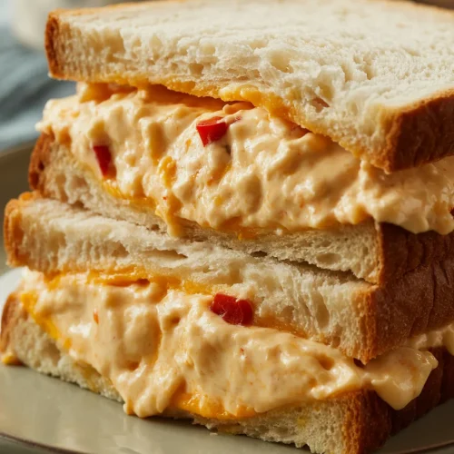 Pimento cheese sandwich with creamy spread and diced red peppers on white bread